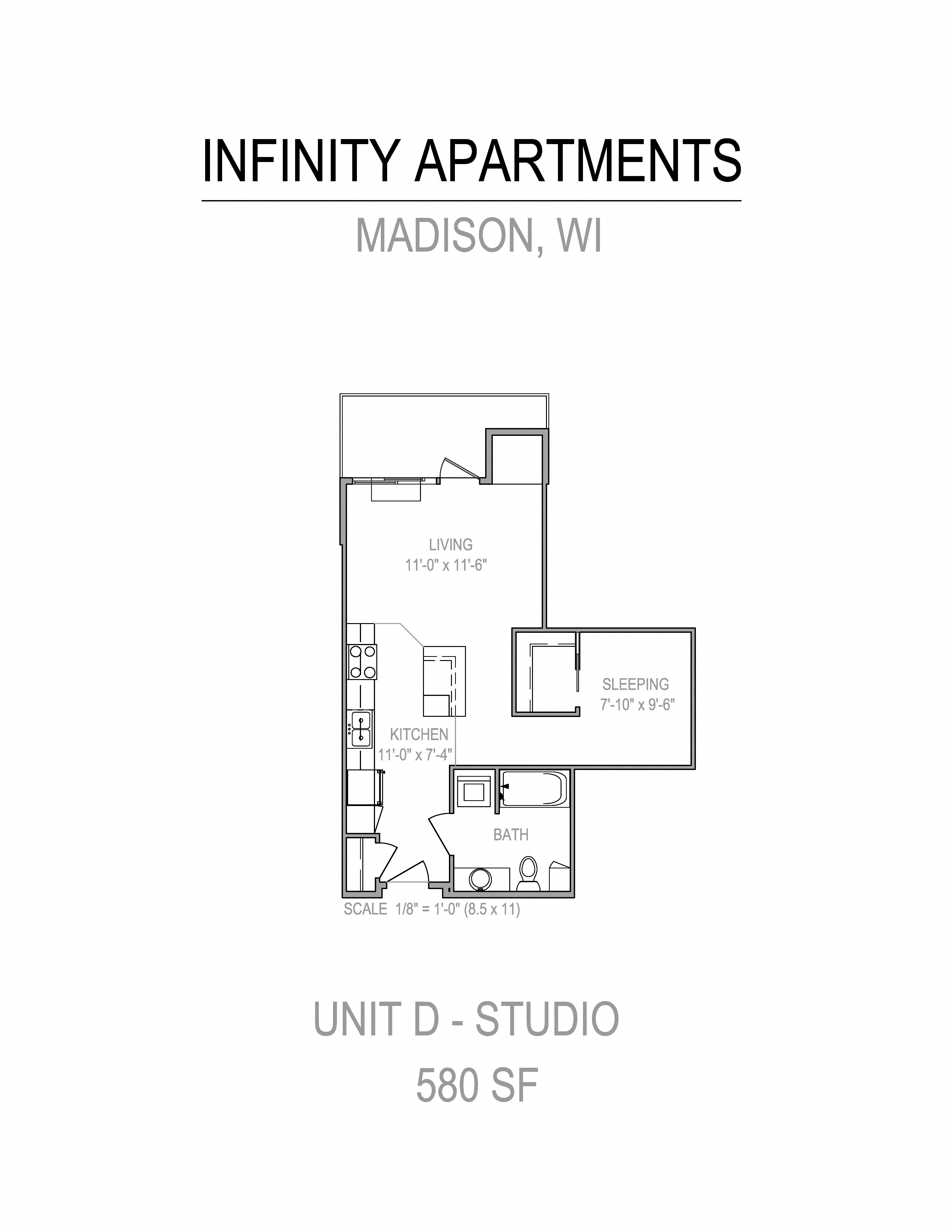 Floor plan for studio, 1 bath, 580 sqft